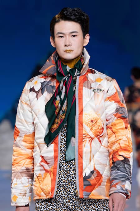 Shop MR. Ajay Kumar Multi Color Poly Printed Winter Flowers Zanskar Light Down Parka at Aza Fashions Shop_MR. Ajay Kumar_Multi Color Poly Printed Winter Flowers Zanskar Light Down Parka _at_Aza_Fashions