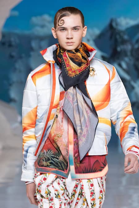 Shop MR. Ajay Kumar Multi Color Poly Printed Abstract Karakoram Light Down Parka at Aza Fashions Shop_MR. Ajay Kumar_Multi Color Poly Printed Abstract Karakoram Light Down Parka _at_Aza_Fashions