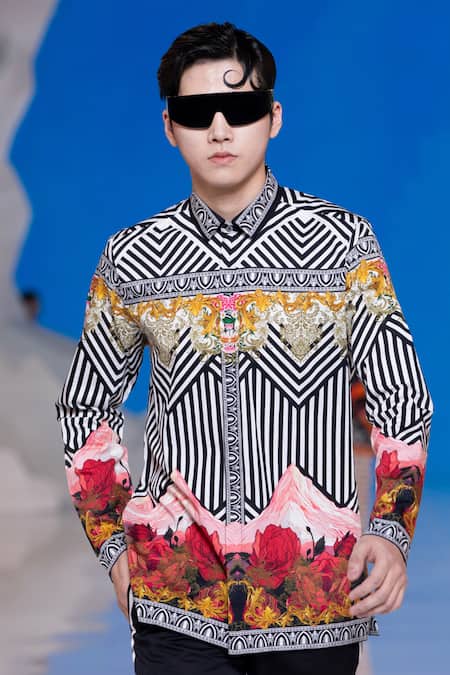 Shop MR. Ajay Kumar Black 100% Luxe Cotton Printed Himalayan Landscape Floral Shirt at Aza Fashions Shop_MR. Ajay Kumar_Black 100% Luxe Cotton Printed Himalayan Landscape Floral Shirt _at_Aza_Fashions