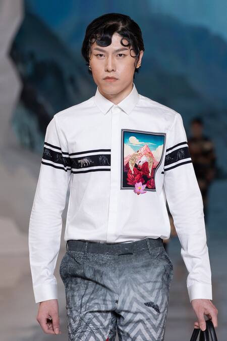 Shop MR. Ajay Kumar White 100% Luxe Cotton Printed Himalayan Landscape Everest Shirt at Aza Fashions Shop_MR. Ajay Kumar_White 100% Luxe Cotton Printed Himalayan Landscape Everest Shirt _at_Aza_Fashions