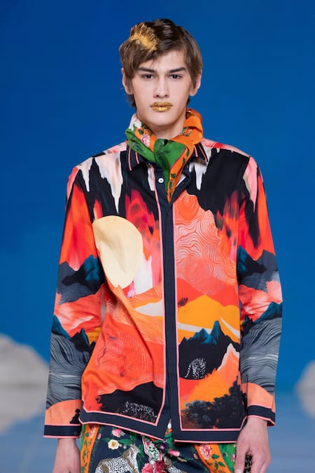 Shop MR. Ajay Kumar Multi Color 100% Luxe Cotton Printed Himalayan Landscape Sunday Shirt at Aza Fashions Shop_MR. Ajay Kumar_Multi Color 100% Luxe Cotton Printed Himalayan Landscape Sunday Shirt _at_Aza_Fashions