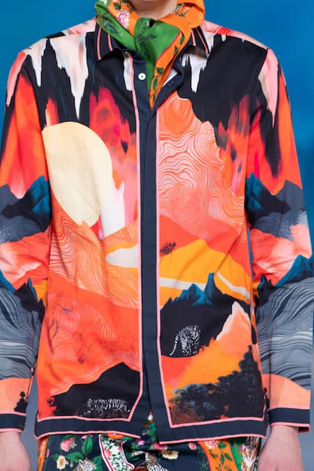 MR. Ajay Kumar Multi Color 100% Luxe Cotton Printed Himalayan Landscape Sunday Shirt Online at Aza Fashions MR. Ajay Kumar_Multi Color 100% Luxe Cotton Printed Himalayan Landscape Sunday Shirt _Online_at_Aza_Fashions