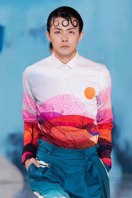 Shop MR. Ajay Kumar Multi Color 100% Luxe Cotton Printed Sunset Point Shirt at Aza Fashions Shop_MR. Ajay Kumar_Multi Color 100% Luxe Cotton Printed Sunset Point Shirt _at_Aza_Fashions