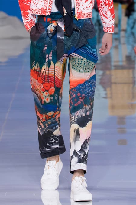 Shop_MR. Ajay Kumar_Multi Color 100% Luxe Cotton Printed Himalaya Skywalker Paperbag Trouser _at_Aza_Fashions