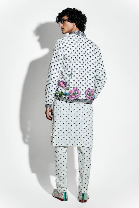 Shop MR. Ajay Kumar White 100% European Linen Print Floral Marg Bomber Jacket at Aza Fashions Shop_MR. Ajay Kumar_White 100% European Linen Print Floral Marg Bomber Jacket _at_Aza_Fashions