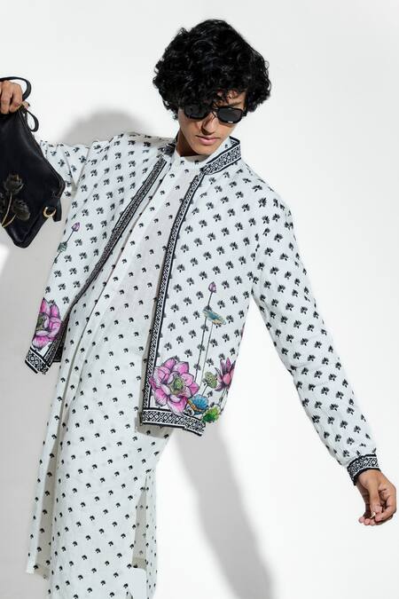 MR. Ajay Kumar White 100% European Linen Print Floral Marg Bomber Jacket Online at Aza Fashions MR. Ajay Kumar_White 100% European Linen Print Floral Marg Bomber Jacket _Online_at_Aza_Fashions