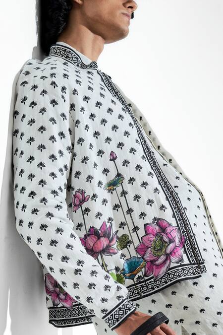 Buy MR. Ajay Kumar White 100% European Linen Print Floral Marg Bomber Jacket Online at Aza Fashions Buy_MR. Ajay Kumar_White 100% European Linen Print Floral Marg Bomber Jacket _Online_at_Aza_Fashions