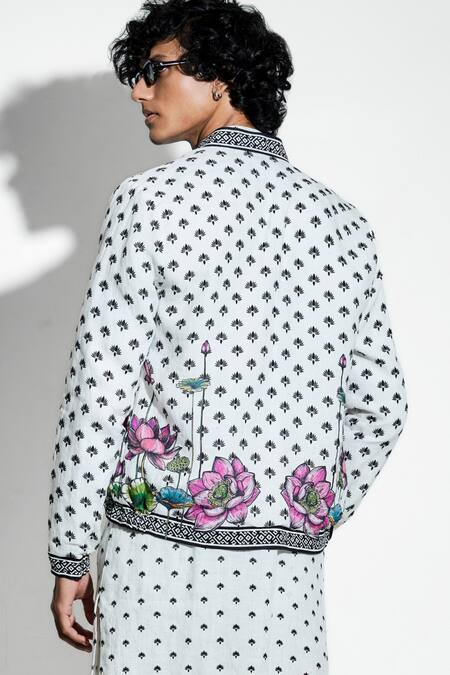 Shop MR. Ajay Kumar White 100% European Linen Print Floral Marg Bomber Jacket Online at Aza Fashions Shop_MR. Ajay Kumar_White 100% European Linen Print Floral Marg Bomber Jacket _Online_at_Aza_Fashions