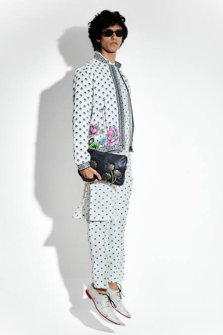 MR. Ajay Kumar White 100% European Linen Print Floral Marg Bomber Jacket at Aza Fashions MR. Ajay Kumar_White 100% European Linen Print Floral Marg Bomber Jacket _at_Aza_Fashions