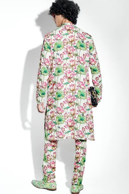 Shop_MR. Ajay Kumar_Green Linen Print Lotus Zambak Kurta With Pant _at_Aza_Fashions