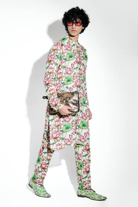Buy_MR. Ajay Kumar_Green Linen Print Lotus Zambak Kurta With Pant _Online_at_Aza_Fashions