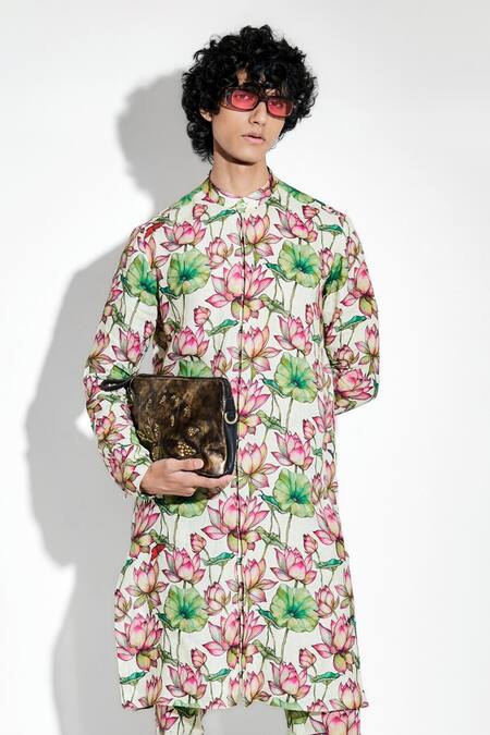 Shop_MR. Ajay Kumar_Green Linen Print Lotus Zambak Kurta With Pant _Online_at_Aza_Fashions
