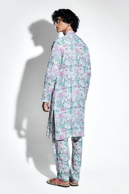 Shop MR. Ajay Kumar White Linen Print Lotus Gautama Kurta With Pant at Aza Fashions Shop_MR. Ajay Kumar_White Linen Print Lotus Gautama Kurta With Pant _at_Aza_Fashions