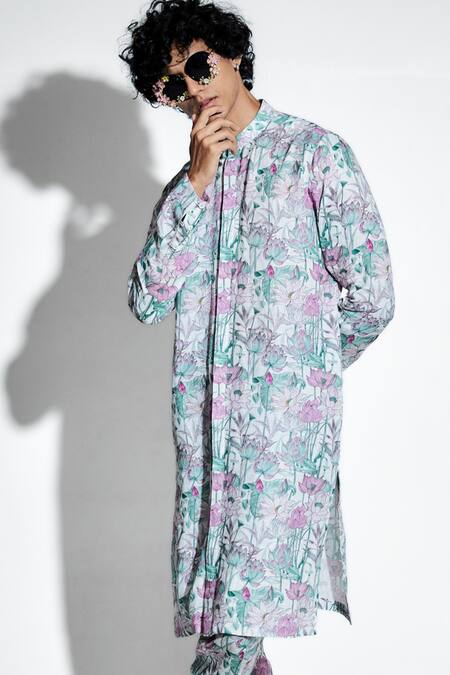 Buy MR. Ajay Kumar White Linen Print Lotus Gautama Kurta With Pant Online at Aza Fashions Buy_MR. Ajay Kumar_White Linen Print Lotus Gautama Kurta With Pant _Online_at_Aza_Fashions