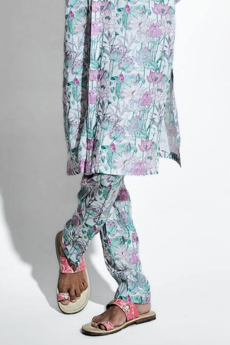 Shop MR. Ajay Kumar White Linen Print Lotus Gautama Kurta With Pant Online at Aza Fashions Shop_MR. Ajay Kumar_White Linen Print Lotus Gautama Kurta With Pant _Online_at_Aza_Fashions