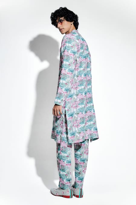 Shop MR. Ajay Kumar White Linen Print Lotus Kunala Kurta With Pant at Aza Fashions Shop_MR. Ajay Kumar_White Linen Print Lotus Kunala Kurta With Pant _at_Aza_Fashions