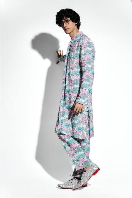 MR. Ajay Kumar White Linen Print Lotus Kunala Kurta With Pant Online at Aza Fashions MR. Ajay Kumar_White Linen Print Lotus Kunala Kurta With Pant _Online_at_Aza_Fashions