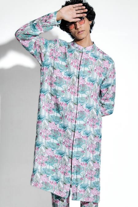 Buy MR. Ajay Kumar White Linen Print Lotus Kunala Kurta With Pant Online at Aza Fashions Buy_MR. Ajay Kumar_White Linen Print Lotus Kunala Kurta With Pant _Online_at_Aza_Fashions