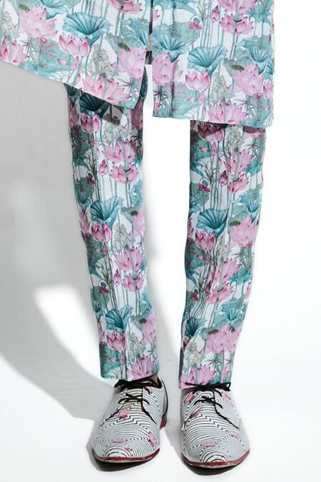 Shop MR. Ajay Kumar White Linen Print Lotus Kunala Kurta With Pant Online at Aza Fashions Shop_MR. Ajay Kumar_White Linen Print Lotus Kunala Kurta With Pant _Online_at_Aza_Fashions