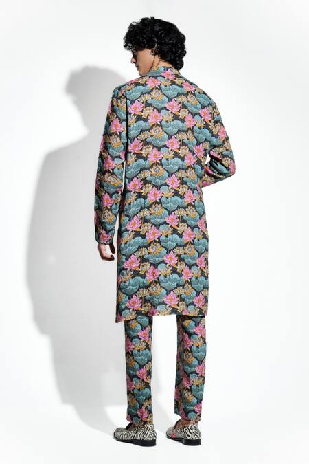 Shop MR. Ajay Kumar Black Linen Lotus Bloom Print Kurta With Pant at Aza Fashions Shop_MR. Ajay Kumar_Black Linen Lotus Bloom Print Kurta With Pant _at_Aza_Fashions