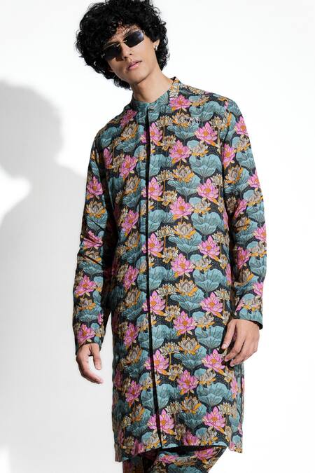 Shop MR. Ajay Kumar Black Linen Lotus Bloom Print Kurta With Pant Online at Aza Fashions Shop_MR. Ajay Kumar_Black Linen Lotus Bloom Print Kurta With Pant _Online_at_Aza_Fashions