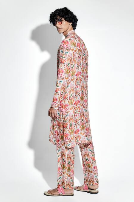 Shop MR. Ajay Kumar Multi Color Silk Linen Print Floral Swetambar Kurta With Pant at Aza Fashions Shop_MR. Ajay Kumar_Multi Color Silk Linen Print Floral Swetambar Kurta With Pant _at_Aza_Fashions