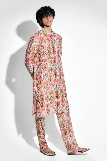 MR. Ajay Kumar Multi Color Silk Linen Print Floral Swetambar Kurta With Pant Online at Aza Fashions MR. Ajay Kumar_Multi Color Silk Linen Print Floral Swetambar Kurta With Pant _Online_at_Aza_Fashions