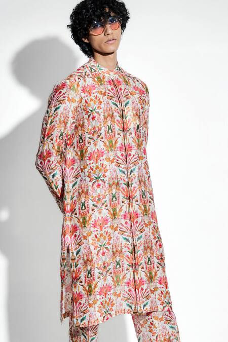 Buy MR. Ajay Kumar Multi Color Silk Linen Print Floral Swetambar Kurta With Pant Online at Aza Fashions Buy_MR. Ajay Kumar_Multi Color Silk Linen Print Floral Swetambar Kurta With Pant _Online_at_Aza_Fashions
