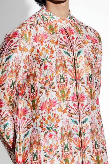 Shop MR. Ajay Kumar Multi Color Silk Linen Print Floral Swetambar Kurta With Pant Online at Aza Fashions Shop_MR. Ajay Kumar_Multi Color Silk Linen Print Floral Swetambar Kurta With Pant _Online_at_Aza_Fashions