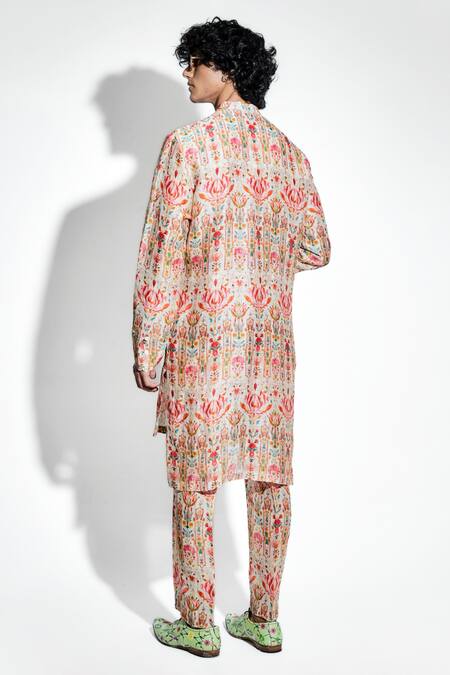 Shop MR. Ajay Kumar Multi Color Silk Linen Print Floral Ambar Kurta With Pant at Aza Fashions Shop_MR. Ajay Kumar_Multi Color Silk Linen Print Floral Ambar Kurta With Pant _at_Aza_Fashions