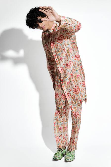 MR. Ajay Kumar Multi Color Silk Linen Print Floral Ambar Kurta With Pant Online at Aza Fashions MR. Ajay Kumar_Multi Color Silk Linen Print Floral Ambar Kurta With Pant _Online_at_Aza_Fashions
