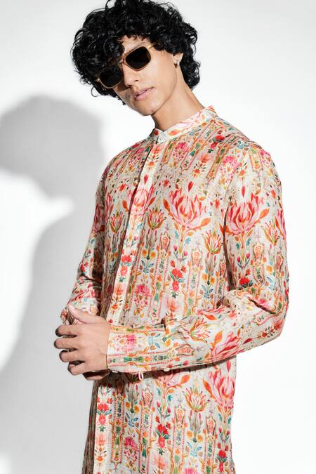MR. Ajay Kumar Multi Color Silk Linen Print Floral Ambar Kurta With Pant at Aza Fashions MR. Ajay Kumar_Multi Color Silk Linen Print Floral Ambar Kurta With Pant _at_Aza_Fashions
