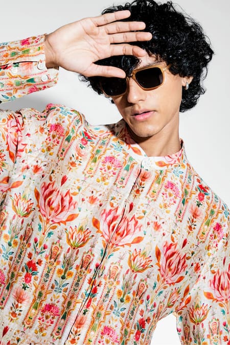 Buy MR. Ajay Kumar Multi Color Silk Linen Print Floral Ambar Kurta With Pant Buy_MR. Ajay Kumar_Multi Color Silk Linen Print Floral Ambar Kurta With Pant