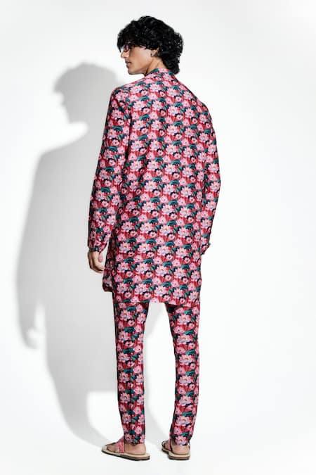 Shop MR. Ajay Kumar Pink Bamber Silk Print Lotus Tamara Kurta With Pant at Aza Fashions Shop_MR. Ajay Kumar_Pink Bamber Silk Print Lotus Tamara Kurta With Pant _at_Aza_Fashions