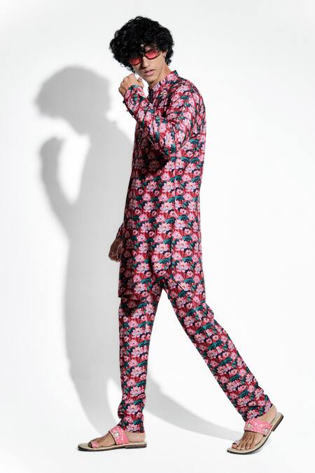 MR. Ajay Kumar Pink Bamber Silk Print Lotus Tamara Kurta With Pant Online at Aza Fashions MR. Ajay Kumar_Pink Bamber Silk Print Lotus Tamara Kurta With Pant _Online_at_Aza_Fashions