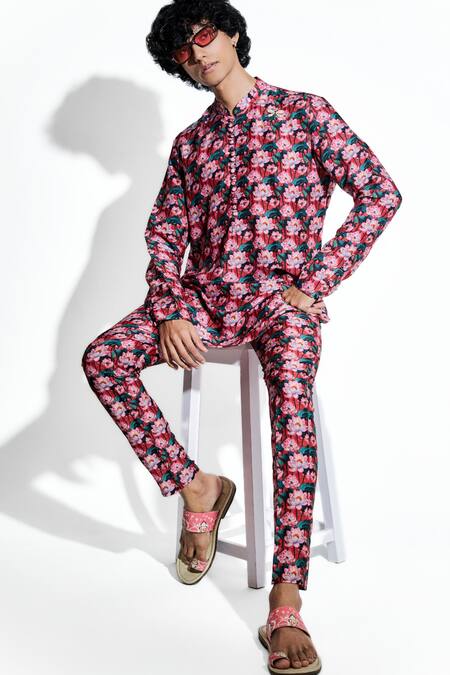 Buy MR. Ajay Kumar Pink Bamber Silk Print Lotus Tamara Kurta With Pant Online at Aza Fashions Buy_MR. Ajay Kumar_Pink Bamber Silk Print Lotus Tamara Kurta With Pant _Online_at_Aza_Fashions