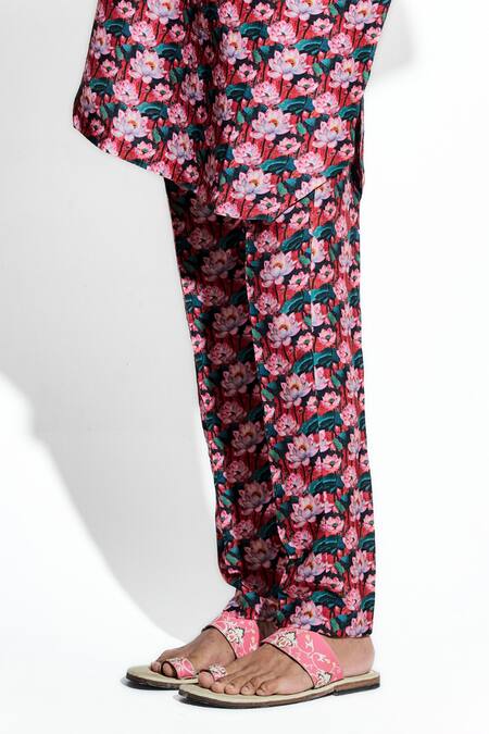 Shop MR. Ajay Kumar Pink Bamber Silk Print Lotus Tamara Kurta With Pant Online at Aza Fashions Shop_MR. Ajay Kumar_Pink Bamber Silk Print Lotus Tamara Kurta With Pant _Online_at_Aza_Fashions
