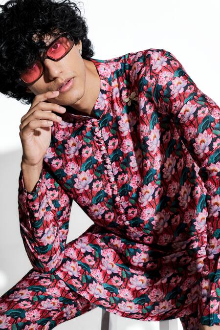 MR. Ajay Kumar Pink Bamber Silk Print Lotus Tamara Kurta With Pant at Aza Fashions MR. Ajay Kumar_Pink Bamber Silk Print Lotus Tamara Kurta With Pant _at_Aza_Fashions