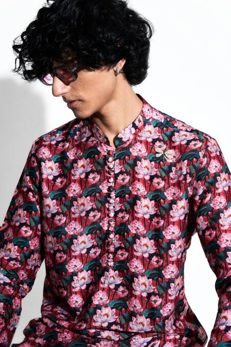 Buy MR. Ajay Kumar Pink Bamber Silk Print Lotus Tamara Kurta With Pant Buy_MR. Ajay Kumar_Pink Bamber Silk Print Lotus Tamara Kurta With Pant