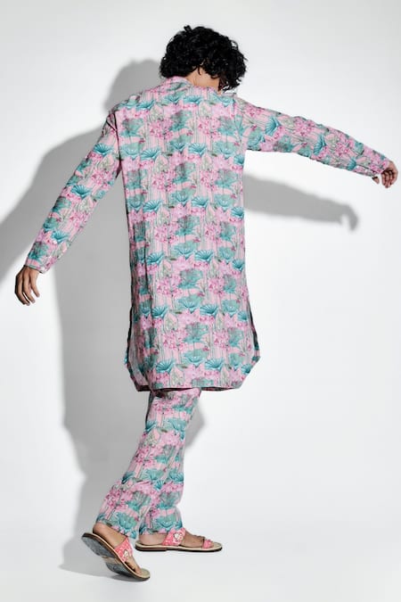 Shop MR. Ajay Kumar Pink Linen Print Lotus Karma Kurta With Pant at Aza Fashions Shop_MR. Ajay Kumar_Pink Linen Print Lotus Karma Kurta With Pant _at_Aza_Fashions