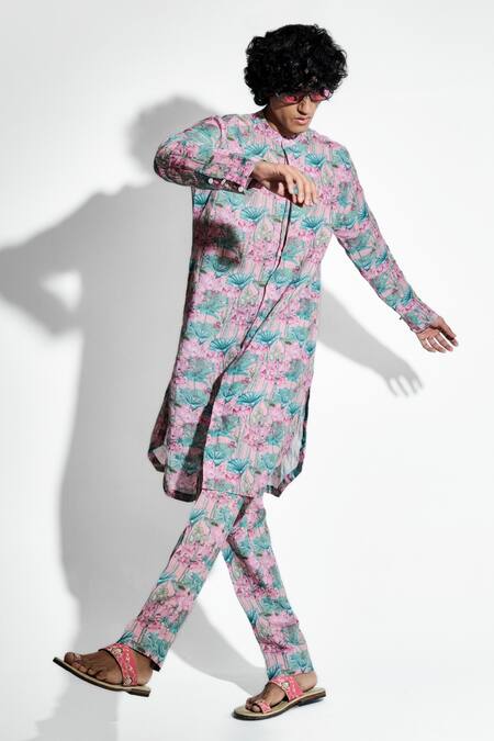 MR. Ajay Kumar Pink Linen Print Lotus Karma Kurta With Pant Online at Aza Fashions MR. Ajay Kumar_Pink Linen Print Lotus Karma Kurta With Pant _Online_at_Aza_Fashions