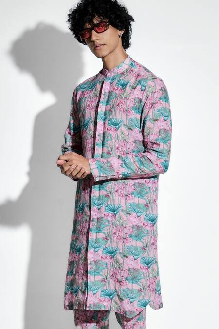 Buy MR. Ajay Kumar Pink Linen Print Lotus Karma Kurta With Pant Online at Aza Fashions Buy_MR. Ajay Kumar_Pink Linen Print Lotus Karma Kurta With Pant _Online_at_Aza_Fashions