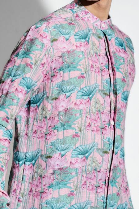 Shop MR. Ajay Kumar Pink Linen Print Lotus Karma Kurta With Pant Online at Aza Fashions Shop_MR. Ajay Kumar_Pink Linen Print Lotus Karma Kurta With Pant _Online_at_Aza_Fashions