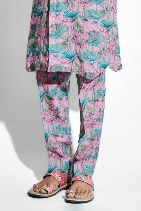 MR. Ajay Kumar Pink Linen Print Lotus Karma Kurta With Pant at Aza Fashions MR. Ajay Kumar_Pink Linen Print Lotus Karma Kurta With Pant _at_Aza_Fashions