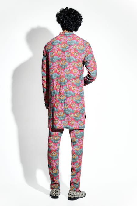 Shop MR. Ajay Kumar Red Linen Print Lotus Haus Kurta With Pant at Aza Fashions Shop_MR. Ajay Kumar_Red Linen Print Lotus Haus Kurta With Pant _at_Aza_Fashions