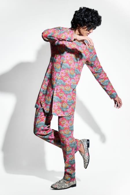 MR. Ajay Kumar Red Linen Print Lotus Haus Kurta With Pant Online at Aza Fashions MR. Ajay Kumar_Red Linen Print Lotus Haus Kurta With Pant _Online_at_Aza_Fashions