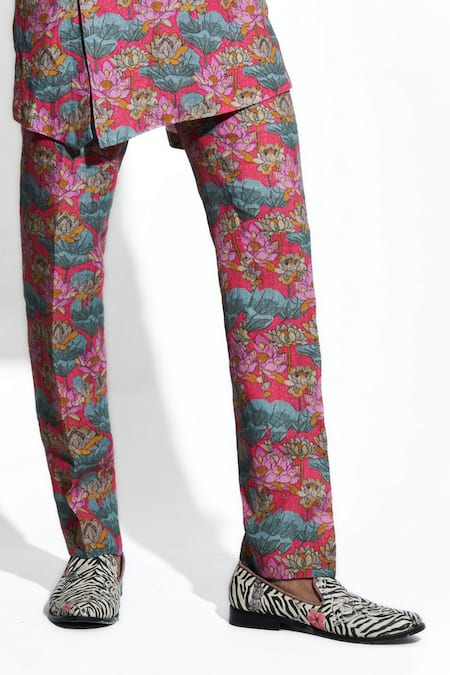 Shop MR. Ajay Kumar Red Linen Print Lotus Haus Kurta With Pant Online at Aza Fashions Shop_MR. Ajay Kumar_Red Linen Print Lotus Haus Kurta With Pant _Online_at_Aza_Fashions