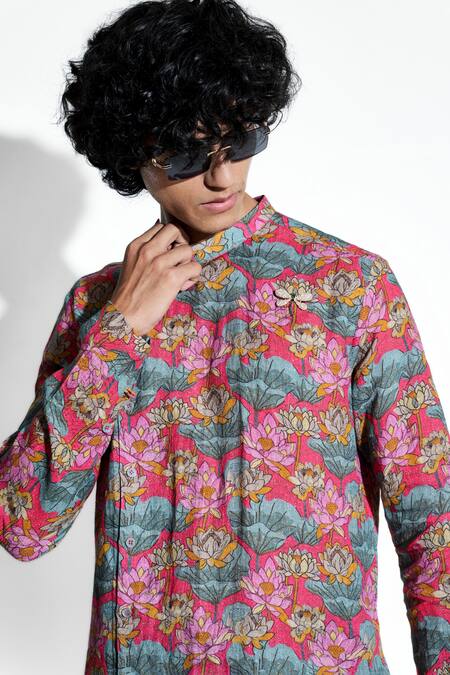 MR. Ajay Kumar Red Linen Print Lotus Haus Kurta With Pant at Aza Fashions MR. Ajay Kumar_Red Linen Print Lotus Haus Kurta With Pant _at_Aza_Fashions