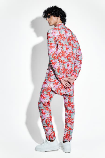 Shop MR. Ajay Kumar Red Linen Print Lotus Kurta With Pant at Aza Fashions Shop_MR. Ajay Kumar_Red Linen Print Lotus Kurta With Pant _at_Aza_Fashions