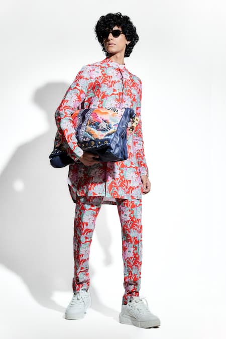 MR. Ajay Kumar Red Linen Print Lotus Kurta With Pant Online at Aza Fashions MR. Ajay Kumar_Red Linen Print Lotus Kurta With Pant _Online_at_Aza_Fashions